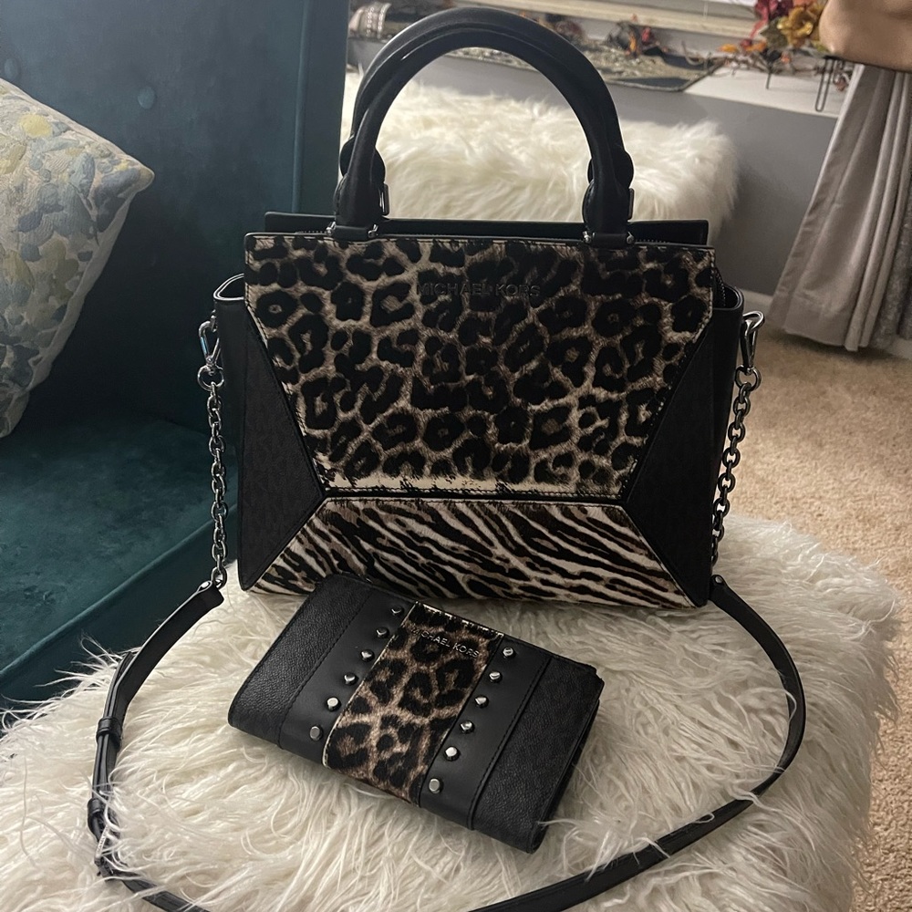 New! Michael kors cheetah calf-hair prism satchel with matching wallet